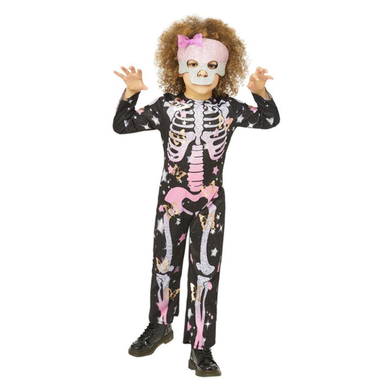 Skeleton Rose Gold Sparkle Costume Child Black Pink Onesie with Glitter Felt Mask 1