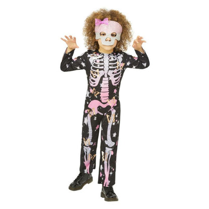 Skeleton Rose Gold Sparkle Costume Child Black Pink Onesie with Glitter Felt Mask 1