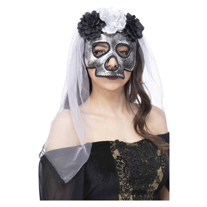 Skull Bride Mask with Veil Adult Grey 1