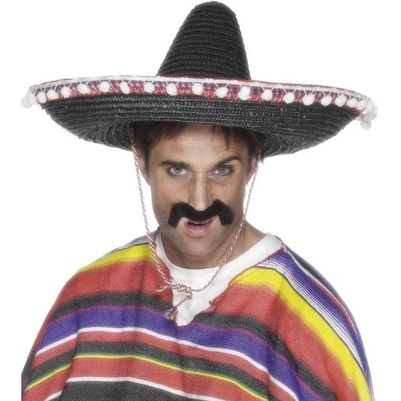 Sombrero Straw Hat Black with Bobbles and Neck Cord Adult Costume Accessory 1