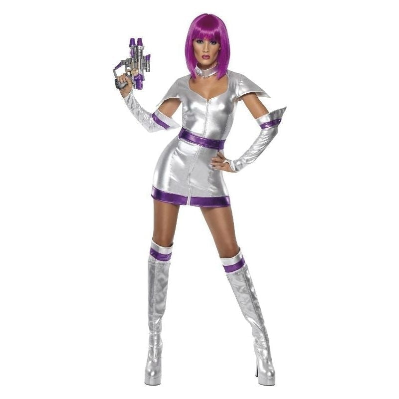 Space Cadet Costume Fever Adult Silver Purple Dress Belt Arm Boot Cuffs_3