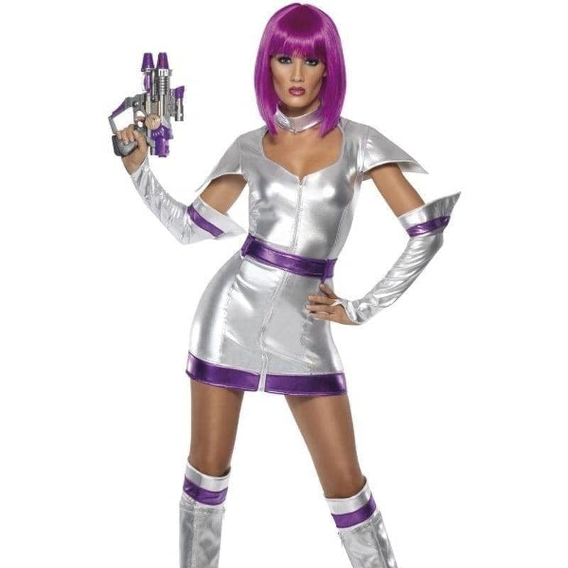 Space Cadet Costume Fever Adult Silver Purple Dress Belt Arm Boot Cuffs 1