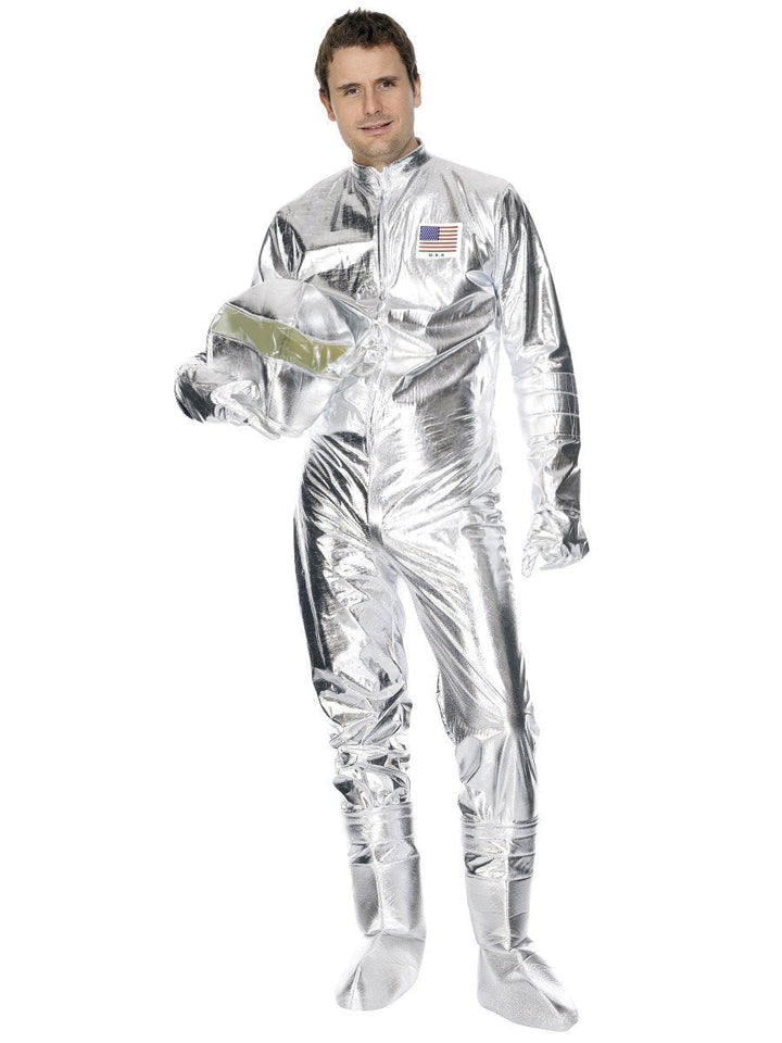 Spaceman Costume Adult Silver Jumpsuit Hood Gloves Boot Covers