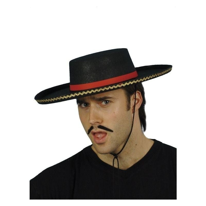 Spanish Hat Black with Gold Trim Red Band and Cord Zorro Costume Accessory 1