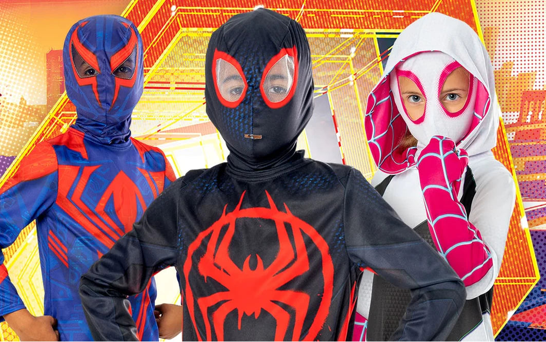 A promotional banner for Marvel Spider-Man Across the Spider-Verse, featuring three children wearing Spider-Man themed costumes: Miles Morales in a black and red suit, Spider-Gwen in a white and pink suit, and Spider-Web in a blue and red suit, set against a colorful comic-book city background with 'Marvel Spider-Man' branding.