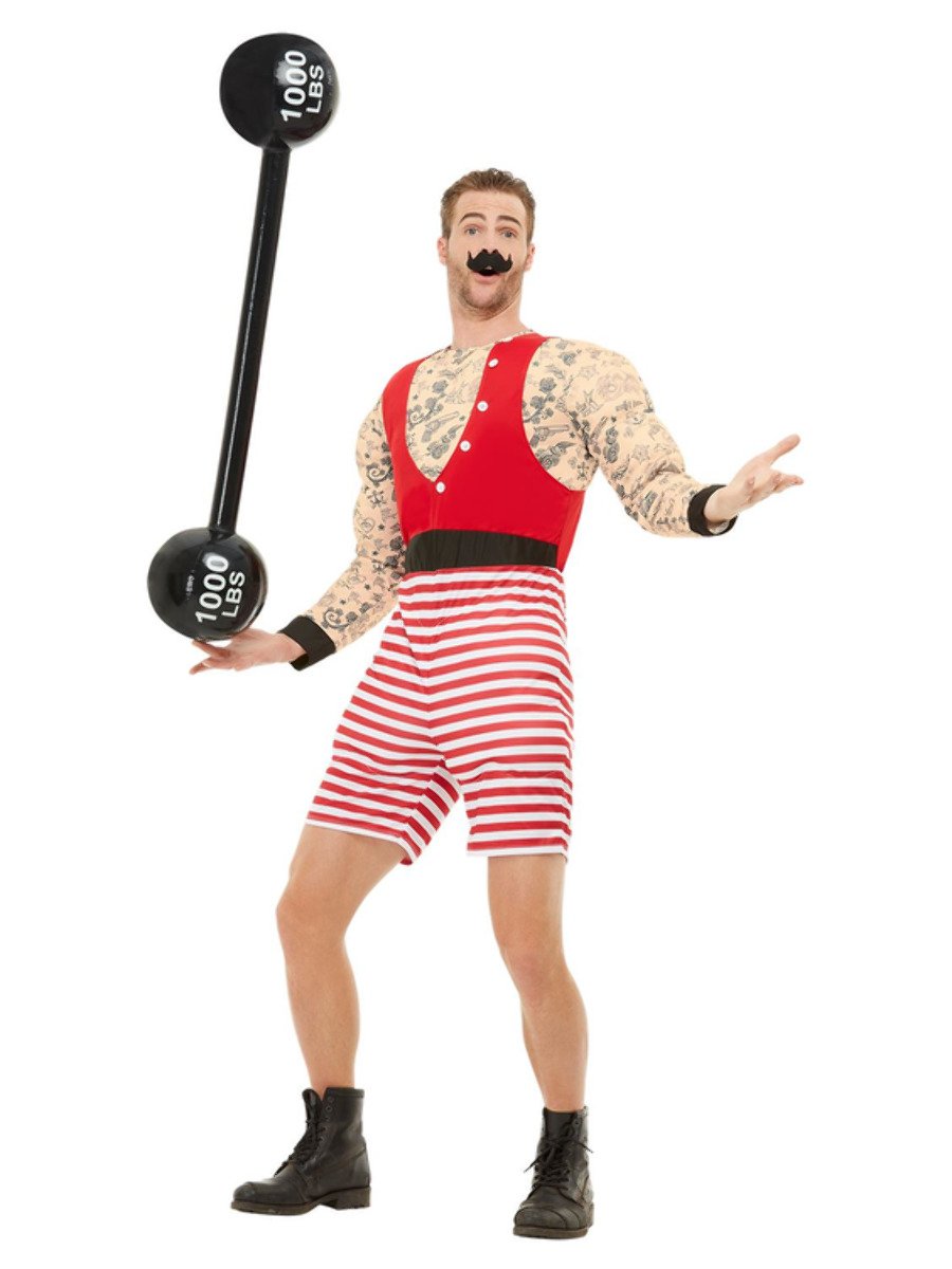 Strongman Muscle Tattoo Costume Adult Red White Striped Jumpsuit_2
