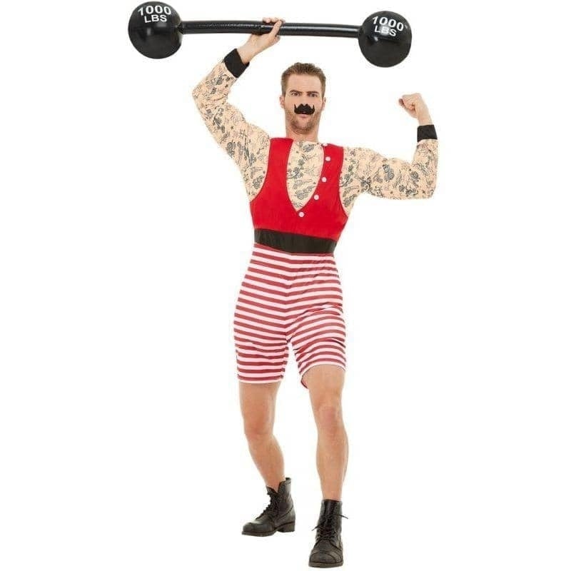 Strongman Muscle Tattoo Costume Adult Red White Striped Jumpsuit 1