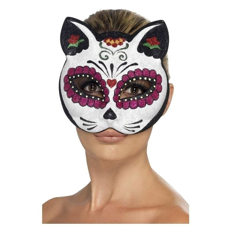 Sugar Skull Cat Glitter Eyemask Adult White Day of the Dead Mask 1