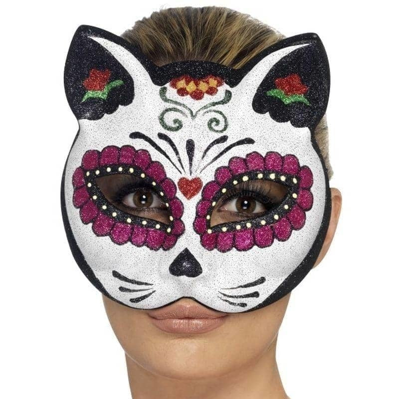 Sugar Skull Cat Glitter Eyemask Adult White_1