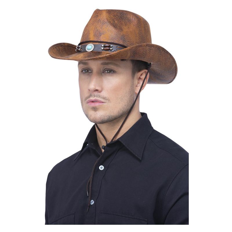 Tan Leather Look Western Cowboy Hat with Turquoise Motif Band Adult Costume Accessory 1