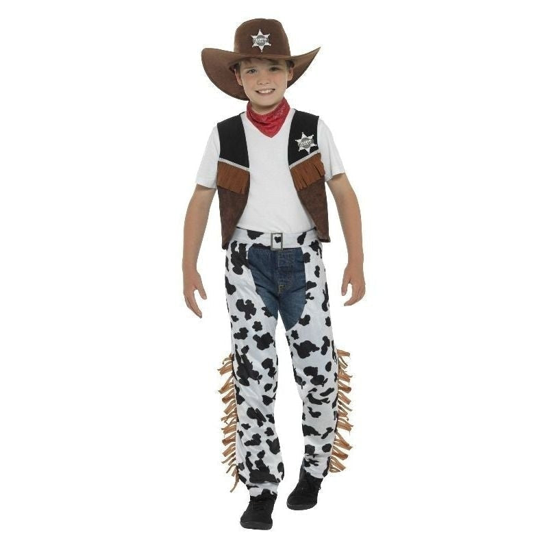 Texan Cowboy Costume Kids Brown Hat Red Neck Tie Brown Waistcoat Badge and Chaps 1