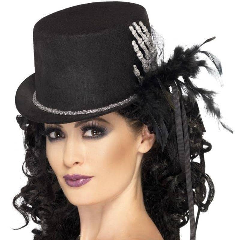Top Hat Adult Black Skeleton Hand Feathers Ribbons 2
