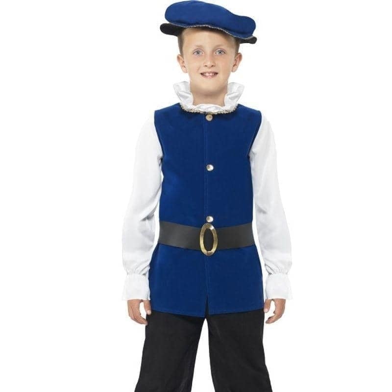 Tudor Boy Costume Royal Blue Top Black Trousers with Boot Covers Belt and Hat 2