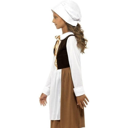 Tudor Girl Costume Brown Dress White Hat and Mock Apron 3