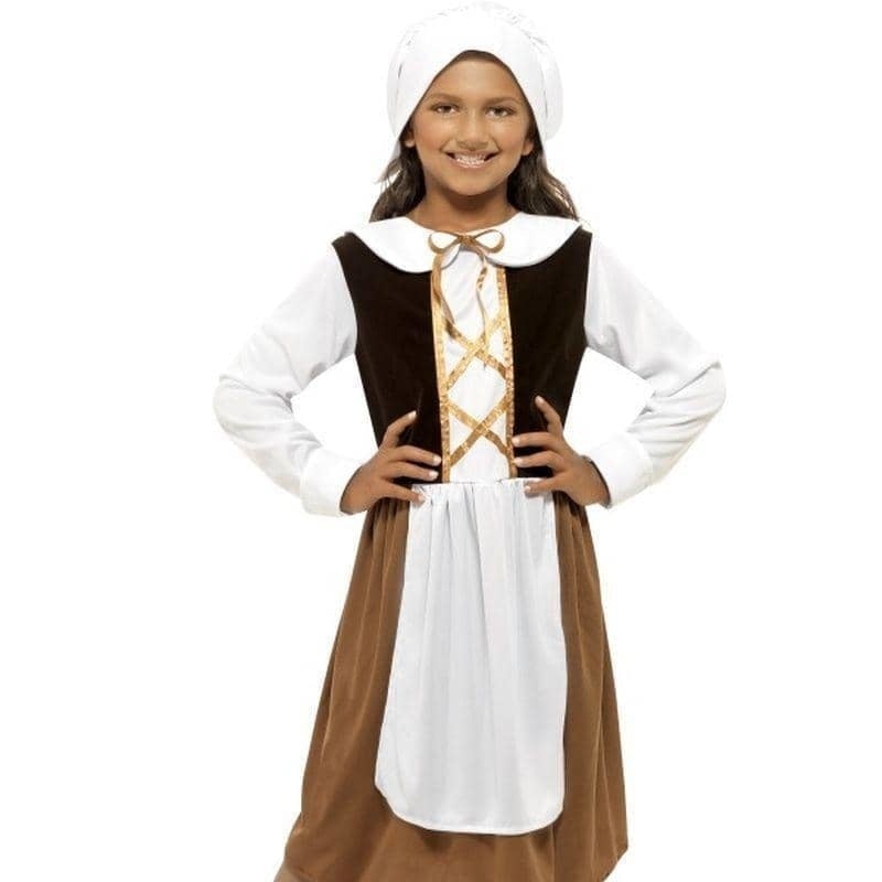 Tudor Girl Costume Brown Dress White Hat and Mock Apron 1