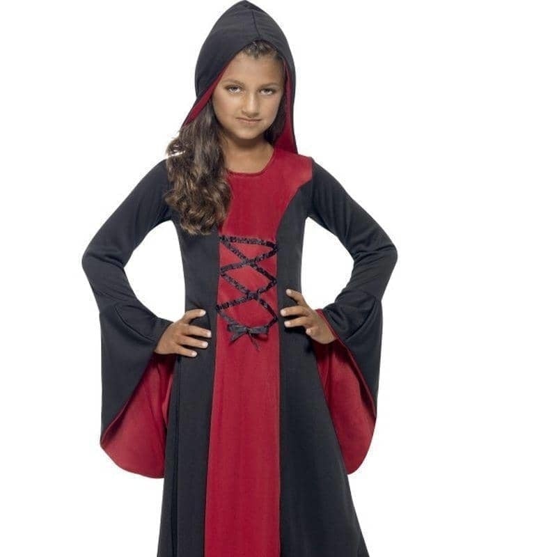 Vamp Costume Kids Red Black Hooded Dress with Lace Up Detail 3