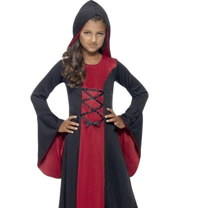 Vamp Costume Kids Red Black Hooded Dress with Lace Up Detail 3