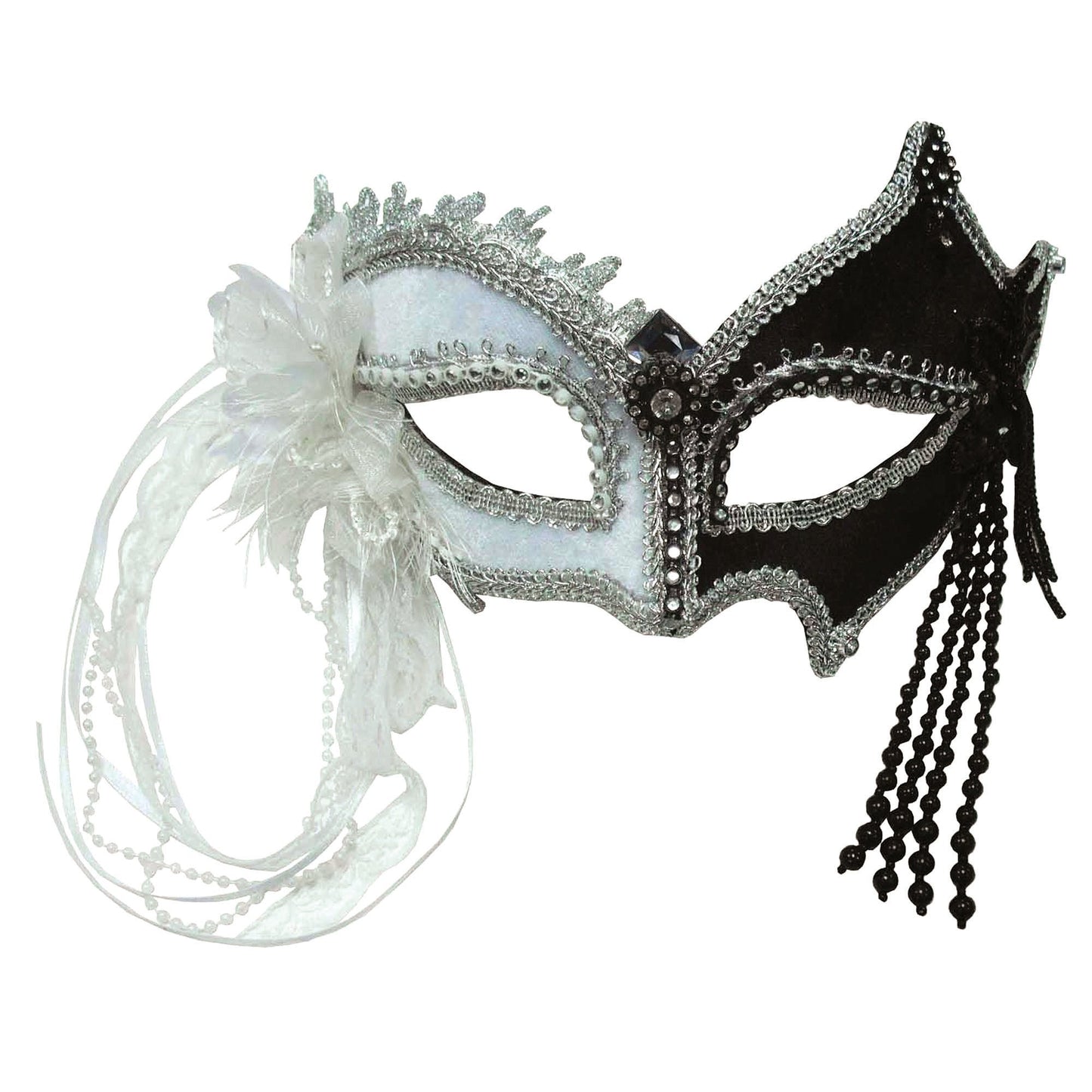 Venetian Black and White Eye Mask with Tassels 1