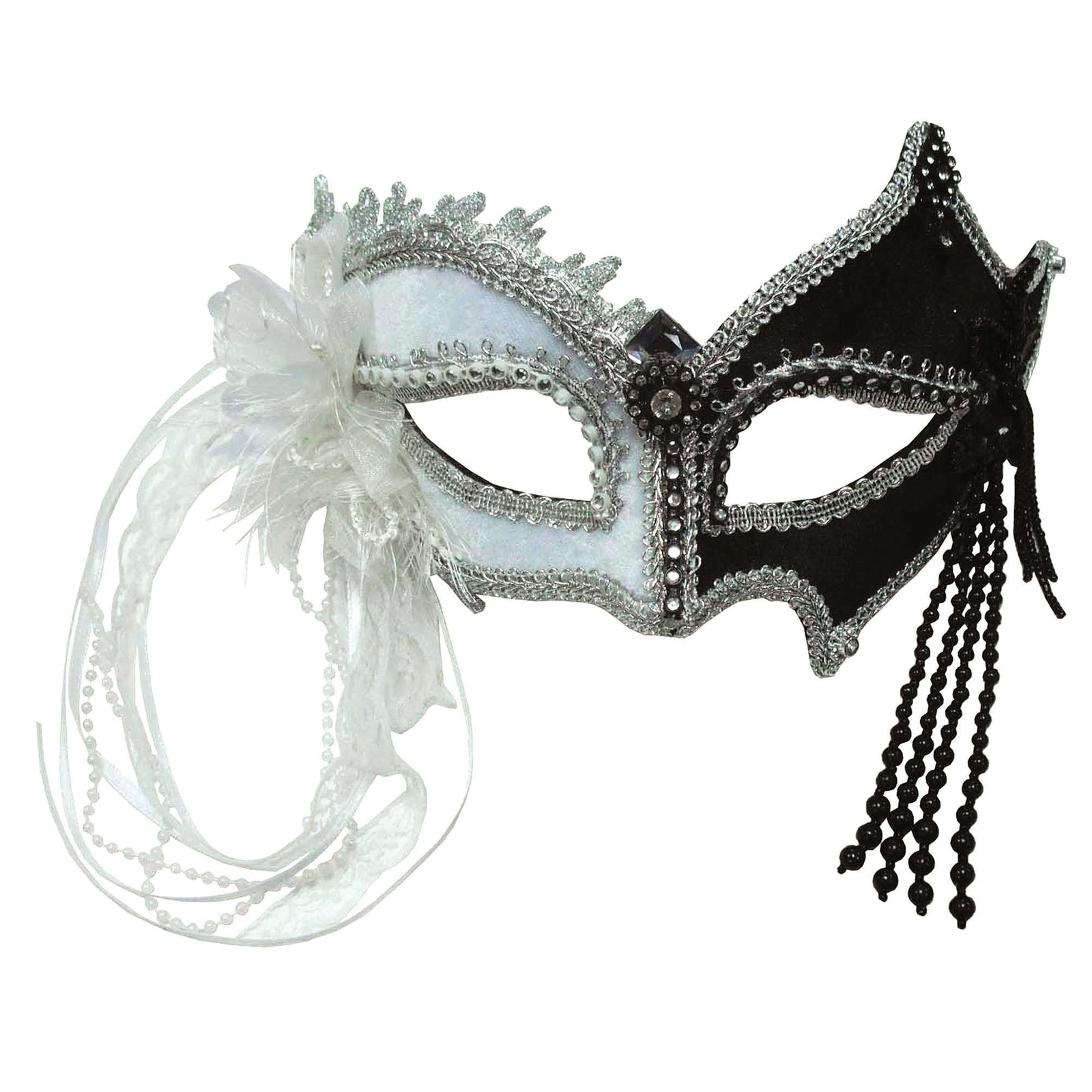 Venetian Black and White Eye Mask with Tassels 1