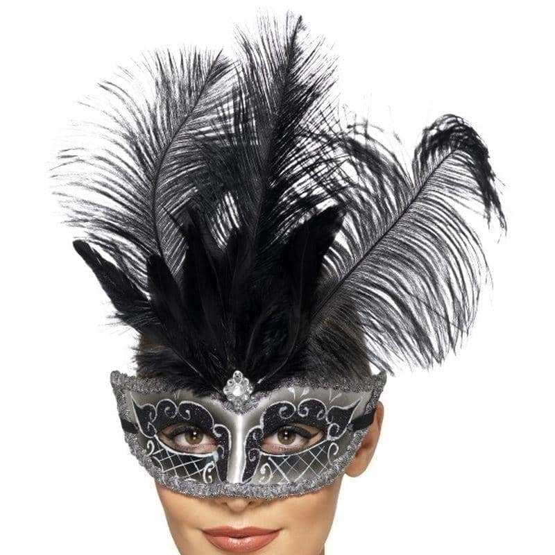 Grey Venetian Colombina Eyemask Black Plumes Adult Costume Accessory 2