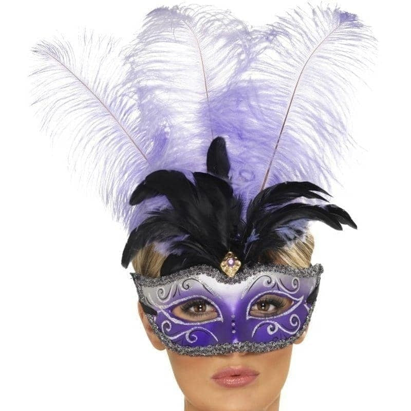 Venetian Colombina Eyemask with Multicolour Plume Adult Purple 2