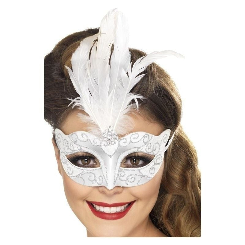 Venetian Glitter Eyemask Silver with Feathers Adult Masquerade Costume Accessory 1