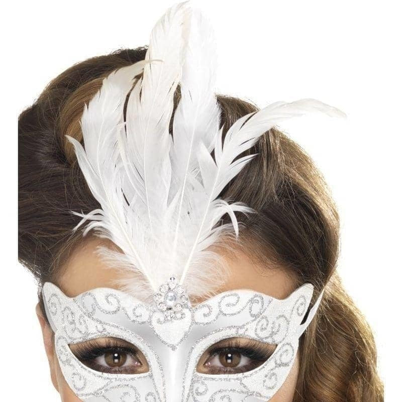 Venetian Glitter Eyemask Silver with Feathers Adult Masquerade Costume Accessory 2
