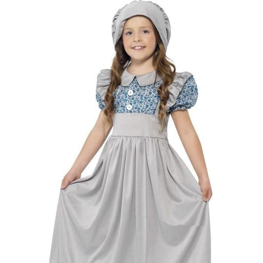 Victorian School Girl Kids Costume Grey Dress Hat 1