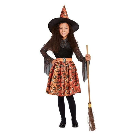 Vintage Witch Costume Girls Orange Dress Black Top Orange and Black Witches Hat 1