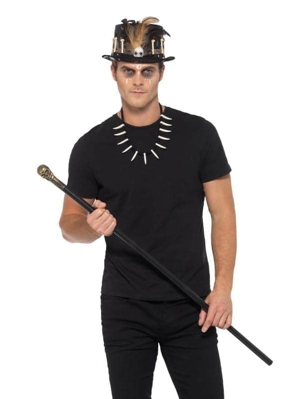 Voodoo Kit with Feather Top Hat Adult Black Detachable Skull Cane Bone Necklace 1