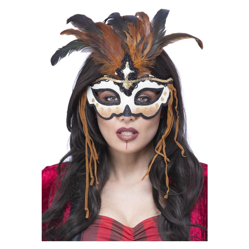 Voodoo Priestess Eyemask Adult Brown Feathers Costume Accessory 1