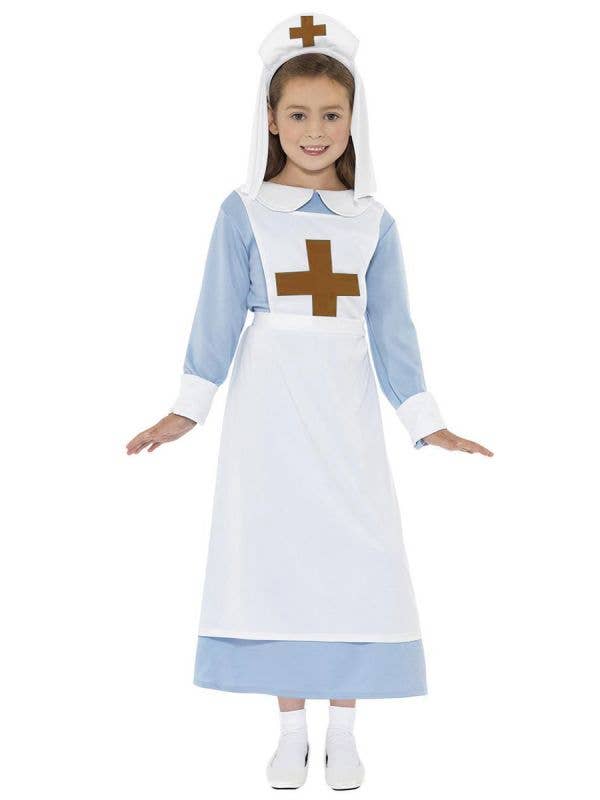 WW1 Nurse Costume Kids Blue White Dress Apron Headpiece_2