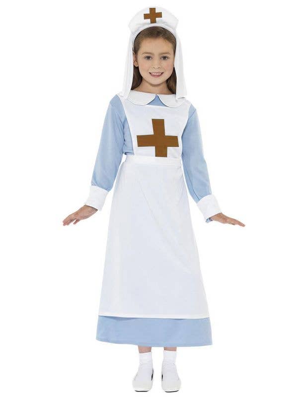 WW1 Nurse Costume Kids Blue White Dress Apron Headpiece 2