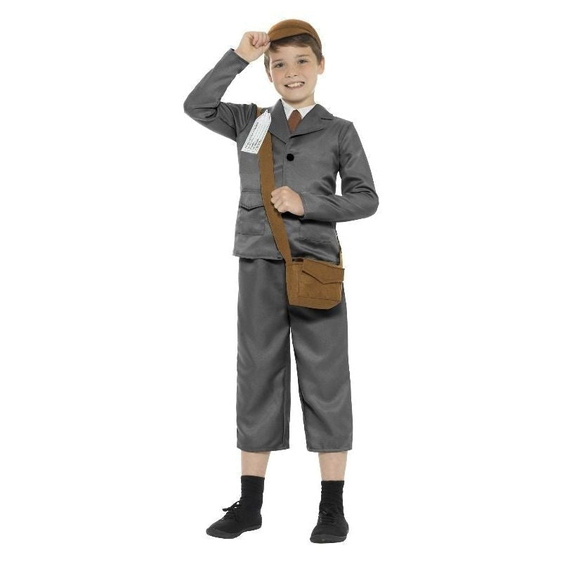 WW2 Evacuee Boy Costume Kids Grey Jacket Trousers Mock Shirt Bag Hat and Name Tag 1