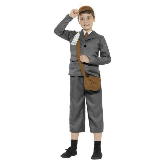 WW2 Evacuee Boy Costume Kids Grey Jacket Trousers Mock Shirt Bag Hat and Name Tag 1