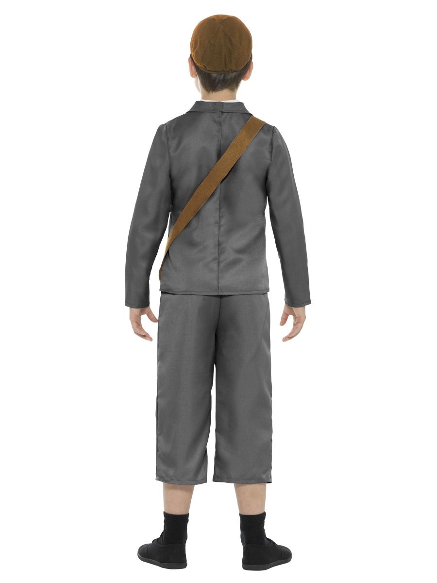 WW2 Evacuee Boy Costume Kids Grey Jacket Trousers Mock Shirt Bag Hat and Name Tag 2