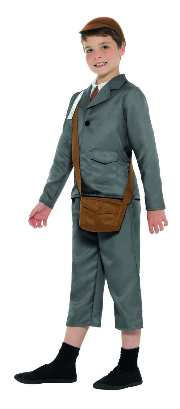 WW2 Evacuee Boy Costume Kids Grey Jacket Trousers Mock Shirt Bag Hat and Name Tag 3