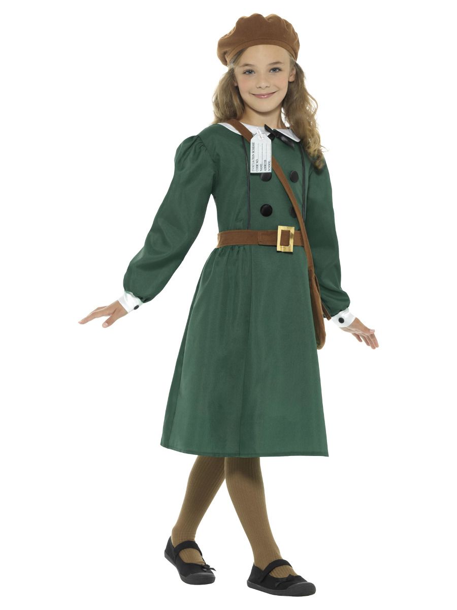 WW2 Evacuee Girl Costume Kids Green Dress Hat Bag_2