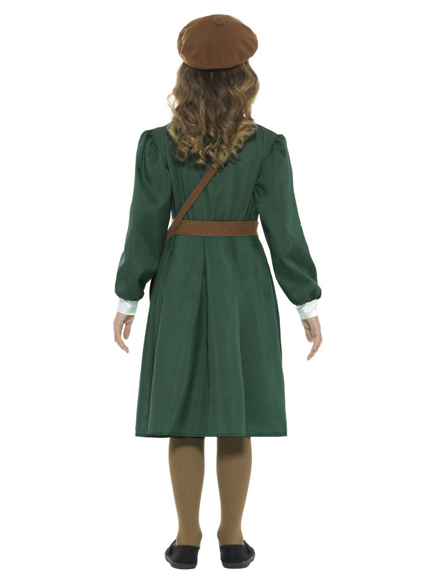 WW2 Evacuee Girl Costume Kids Green Dress Hat Bag 3