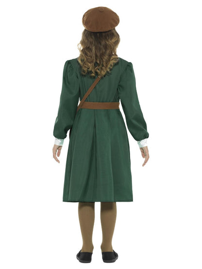 WW2 Evacuee Girl Costume Kids Green Dress Hat Bag 3
