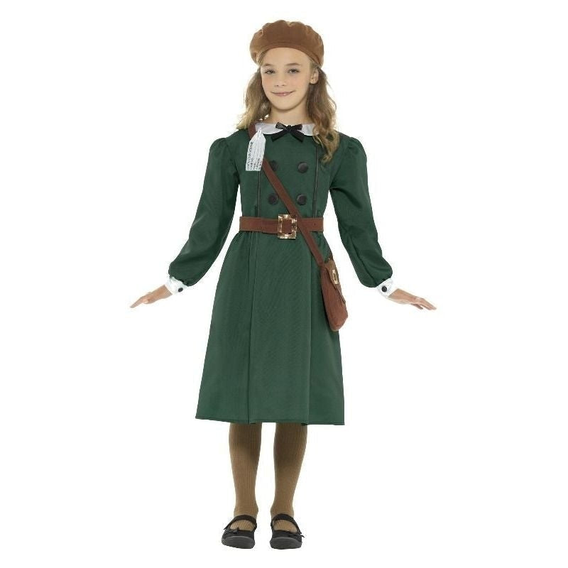 WW2 Evacuee Girl Costume Kids Green Dress Hat Bag 1