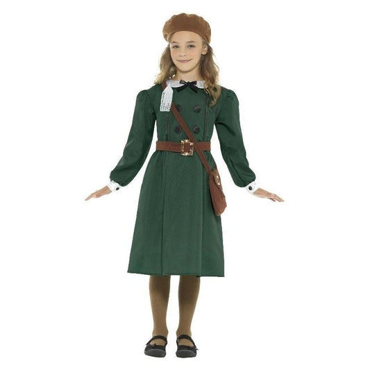 WW2 Evacuee Girl Costume Kids Green Dress Hat Bag 1