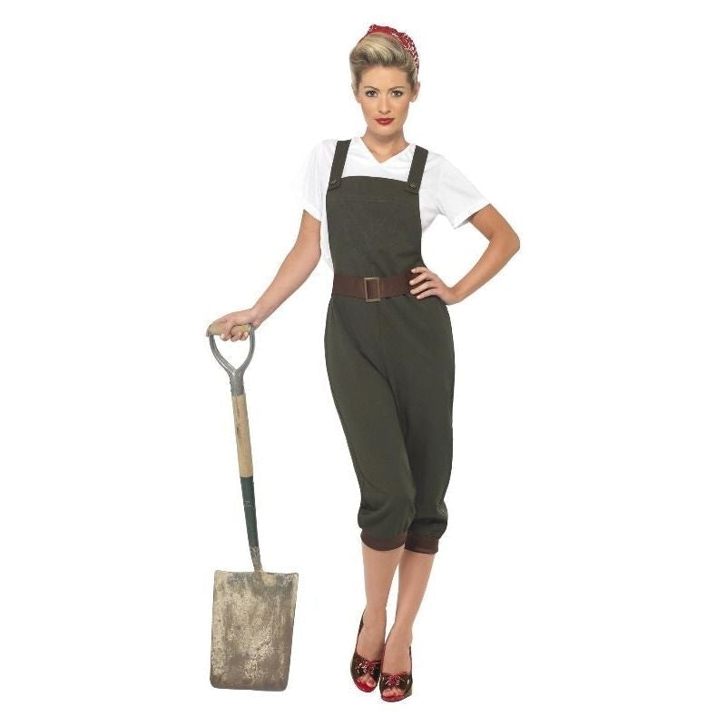 WW2 Land Girl Costume Adult Olive Dungarees White Top Red Scarf 1