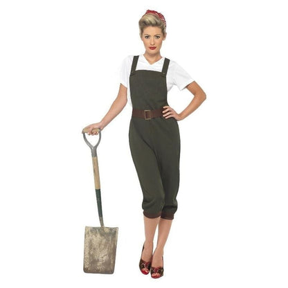 WW2 Land Girl Costume Adult Olive Dungarees White Top Red Scarf 1