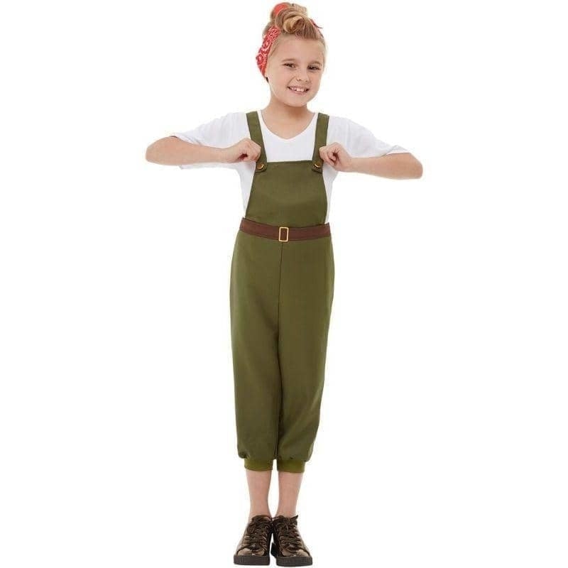 WW2 Little Land Girl Costume Child Green Dungarees Belt White Top Red Headscarf 1