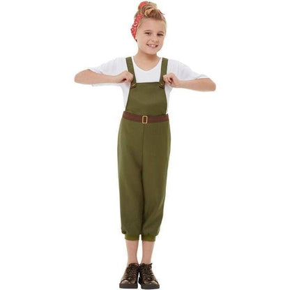 WW2 Little Land Girl Costume Child Green Dungarees Belt White Top Red Headscarf 1
