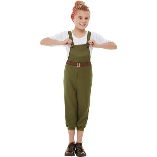 WW2 Little Land Girl Costume Child Green Dungarees Belt White Top Red Headscarf 1