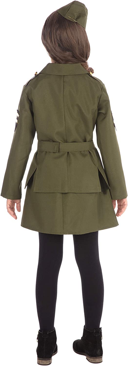 WWII Soldier Girl Costume Kids 1940s Army Top Skirt Hat 2