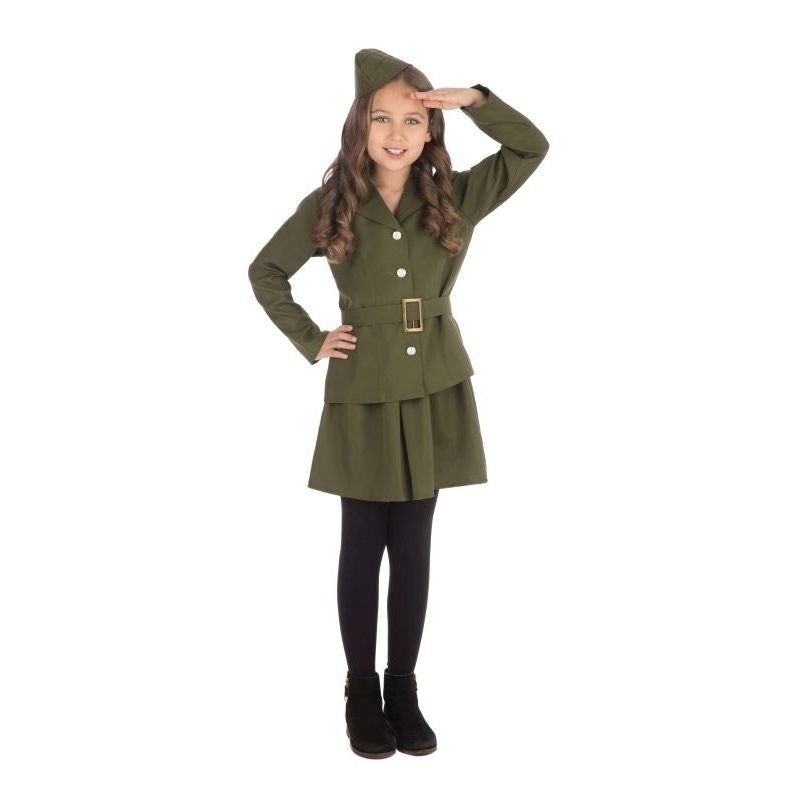 WWII Soldier Girl Costume Kids 1940s Army Top Skirt Hat 1