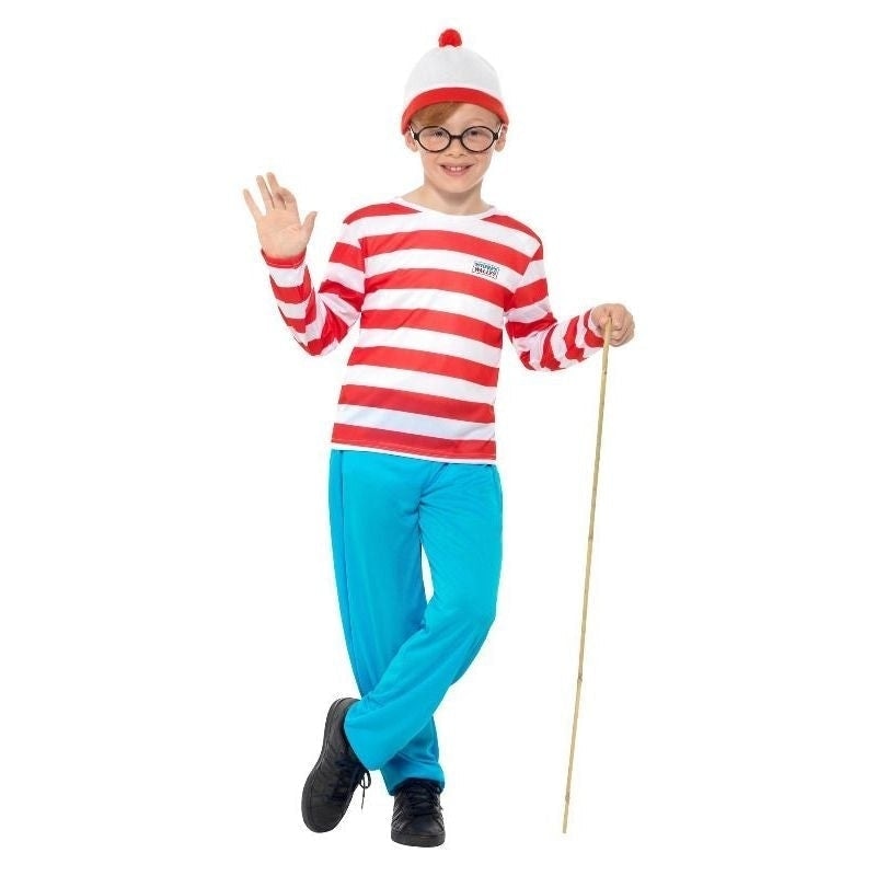 Kids Wheres Wally Costume Red and White Top Blue Trousers Glasses and Hat 1